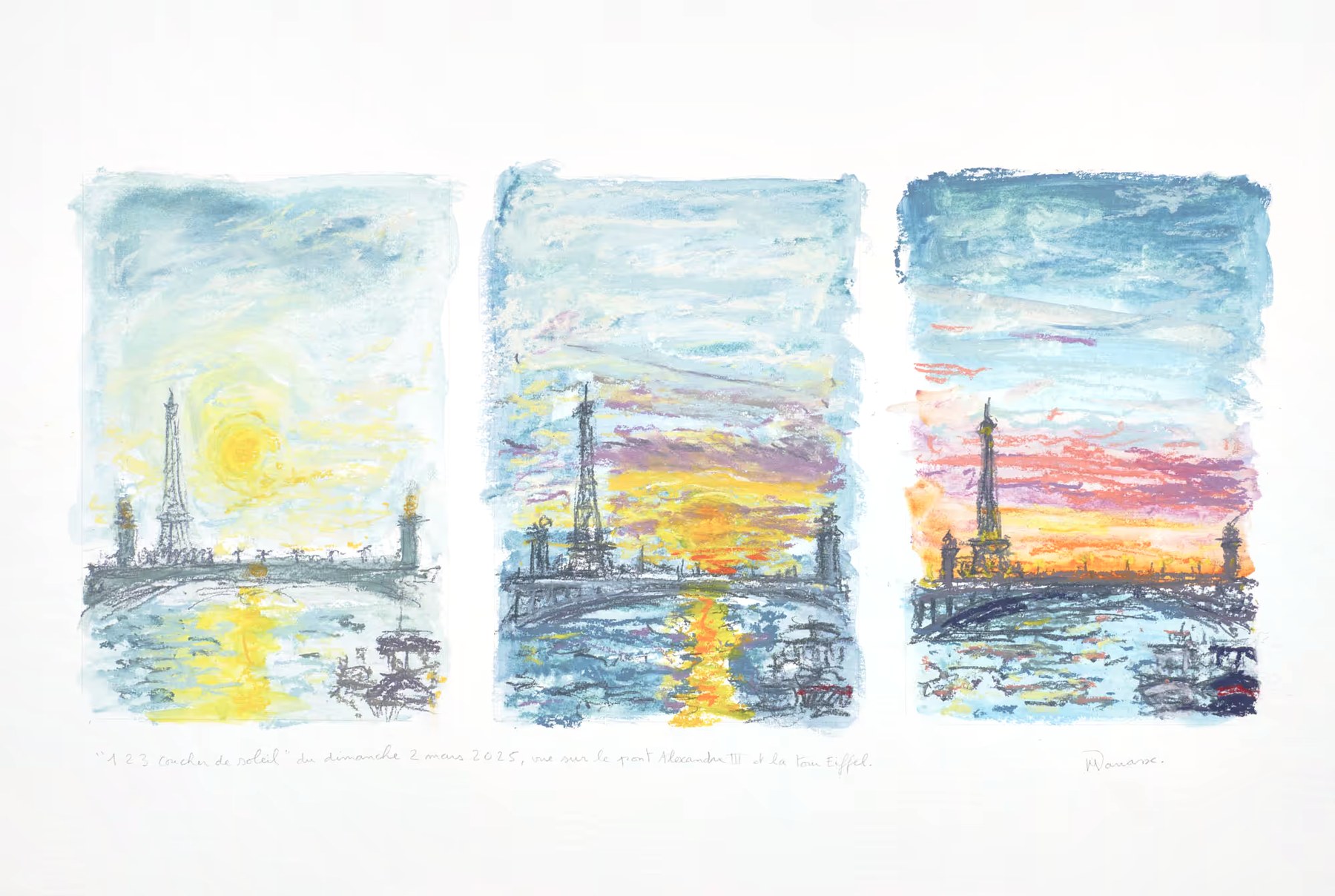 Triptyque pastel sec, vue sur le pont Alexandre III et la tour Eiffel, Lundi 2 mars 2025, Matthieu Darrasse
