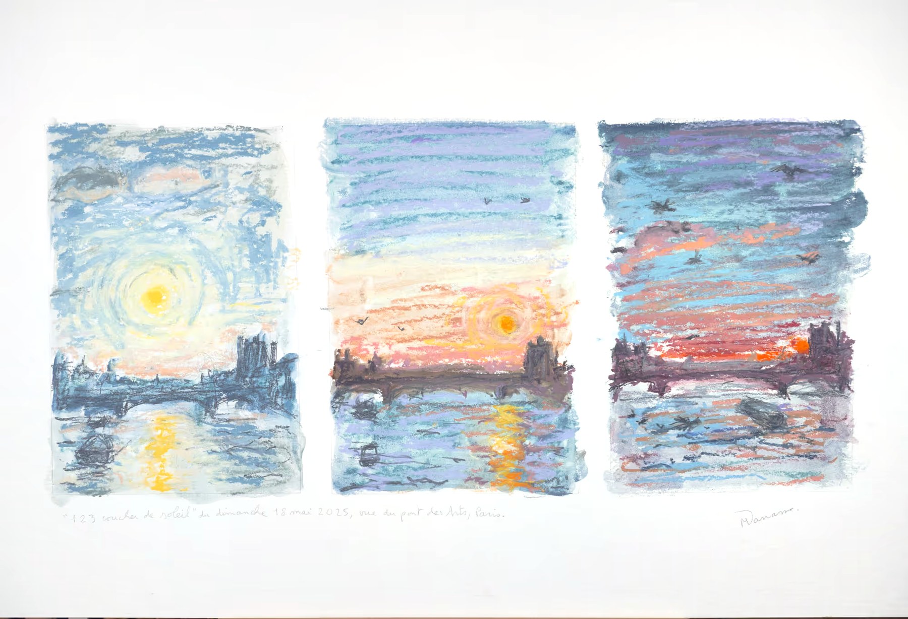 Triptyque pastel sec, vue du pont des Arts, Dimanche 18 mai 2025, Matthieu Darrasse