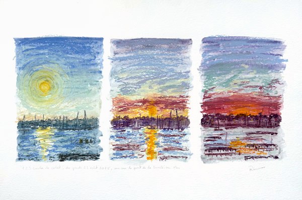 Triptyque pastel sec, vue sur le port de la Trinité-sur-Mer, Jeudi 21 août 2025, Matthieu Darrasse