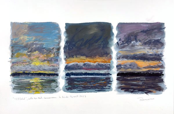 Triptyque pastel sec, vue de la villa Ker Mab, Concarneau, Lundi 14 août 2023, Matthieu Darrasse