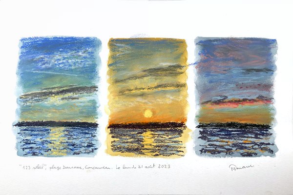 Triptyque pastel sec, vue de la plage Darrasse, Lundi 21 août 2023, Matthieu Darrasse