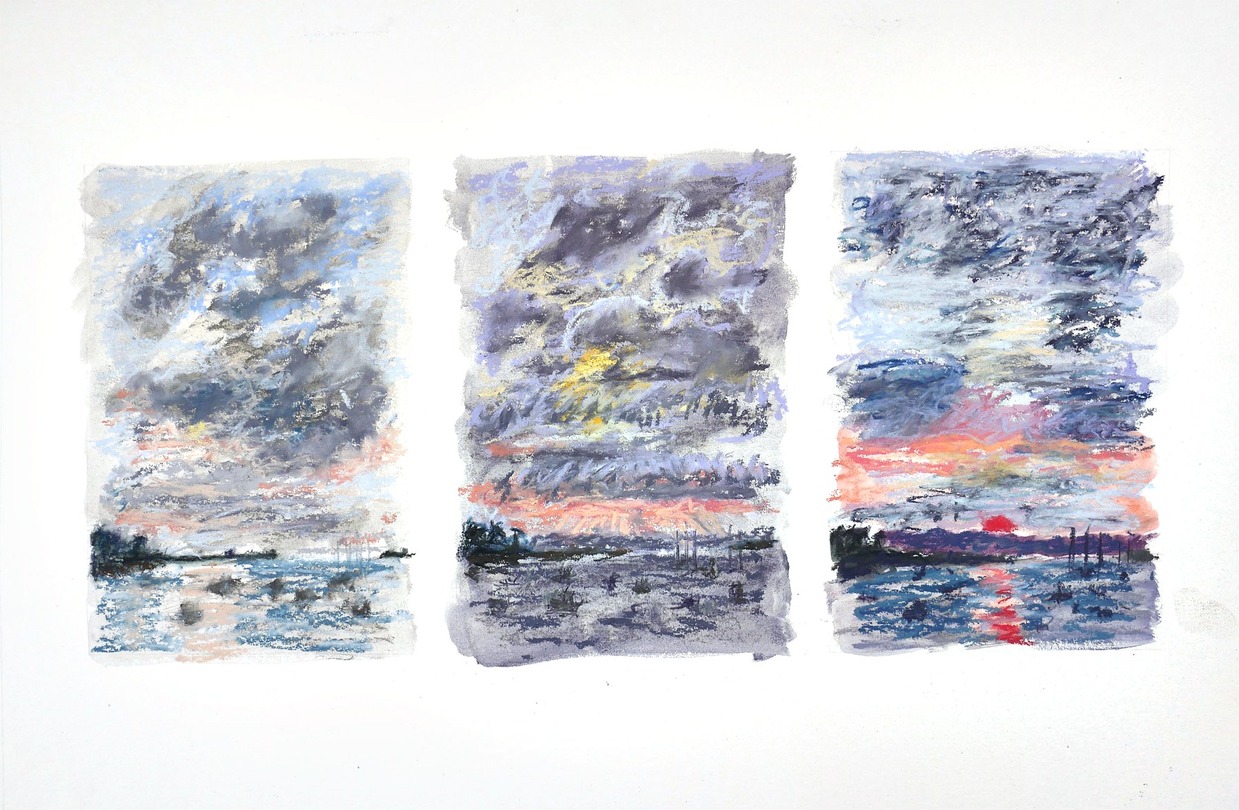 Triptyque pastel sec, vue sur la pointe du Cabellou de la plage de la Belle Étoile, Mardi 21 mai 2024, Matthieu Darrasse
