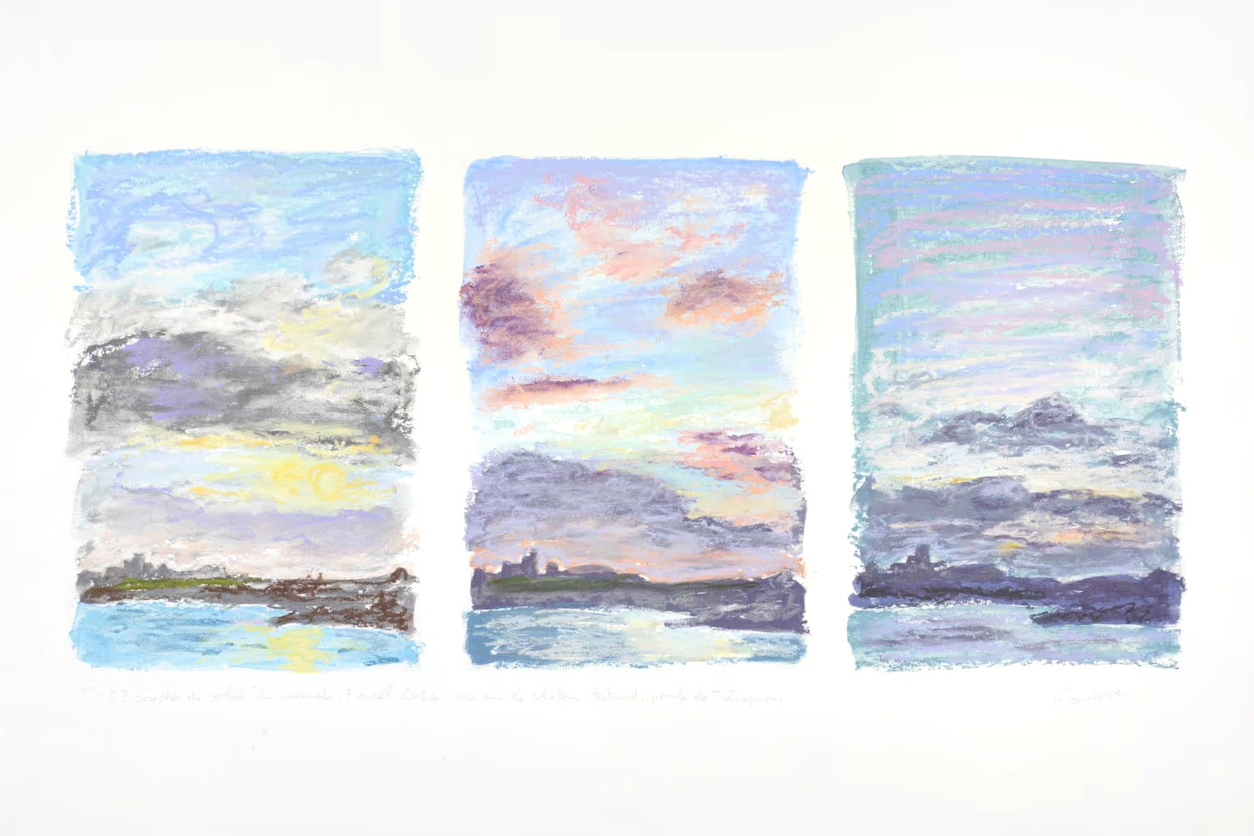 Triptyque pastel sec, vue sur le château Artaud, pointe de Trévignon, Mercredi 17 avril 2024, Matthieu Darrasse