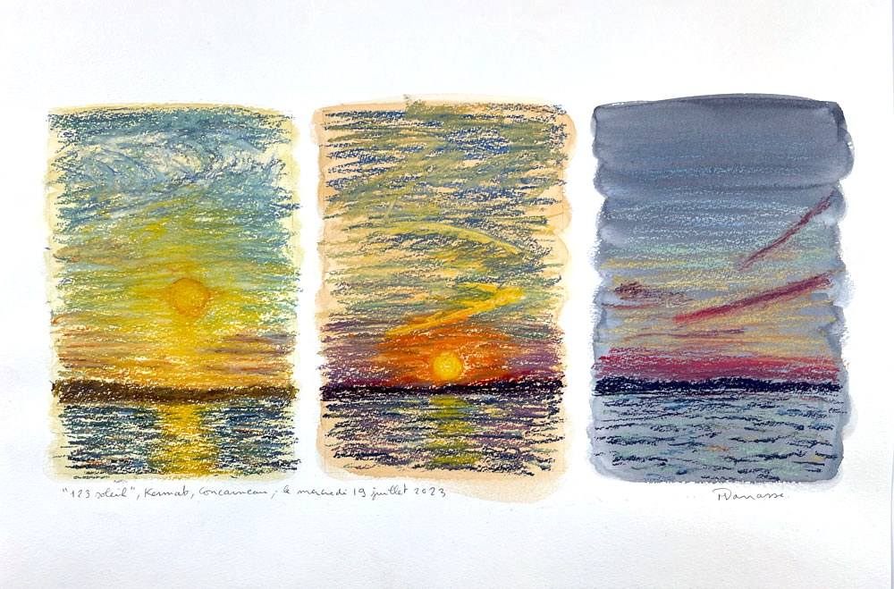 Triptyque pastel sec, vue de la villa Ker Mab, Concarneau, Mercredi 19 juillet 2023, Matthieu Darrasse