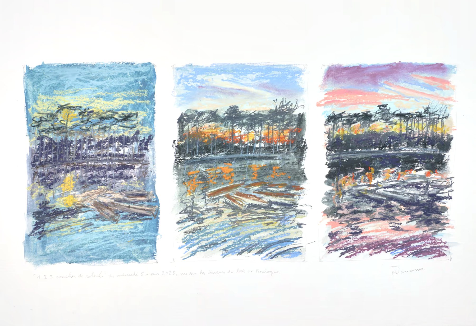 Triptyque pastel sec, vue sur les barques du bois de Boulogne, Mercredi 5 mars 2025, Matthieu Darrasse