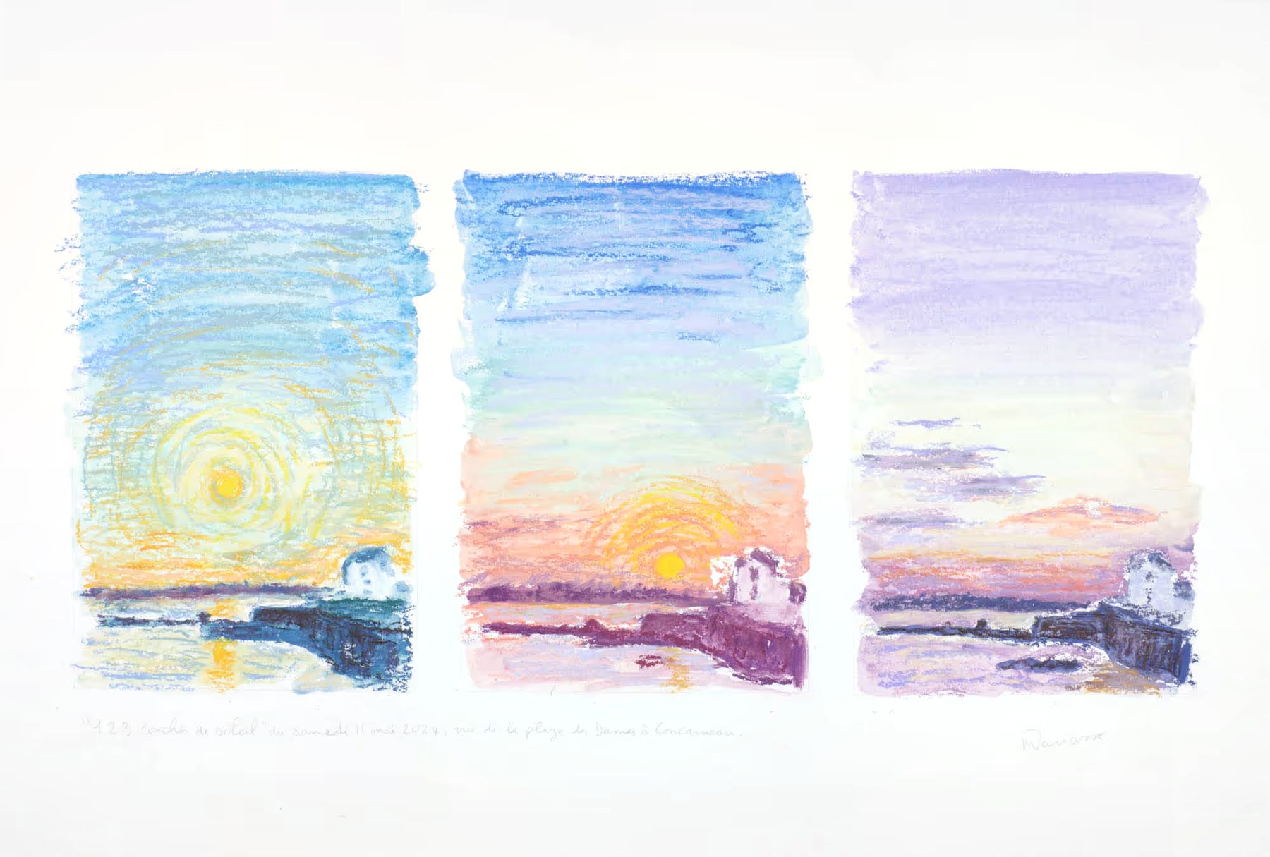 Triptyque pastel sec, vue de la plage des Dames à Concarneau, Samedi 11 mai 2024, Matthieu Darrasse