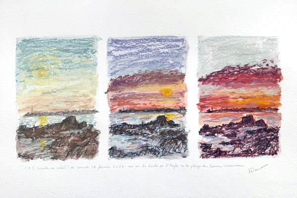 Triptyque pastel sec, vue sur la Roche de l'Aigle, Concarneau, Samedi 28 février 2026, Matthieu Darrasse