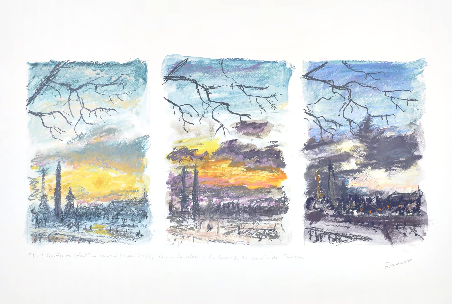 Triptyque pastel sec, Vue sur la place de la Concorde, Samedi 8 mars 2025, Matthieu Darrasse
