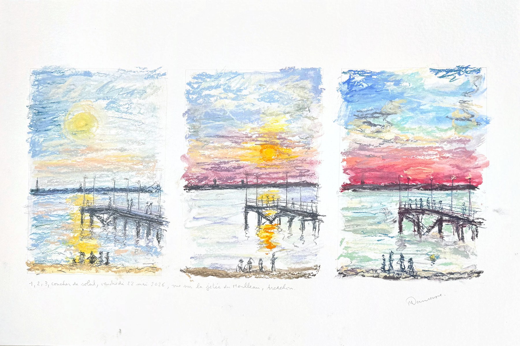 Triptyque pastel sec, vue sur la jetée du Moulleau, Arcachon, Vendredi 22 mai 2026, Matthieu Darrasse