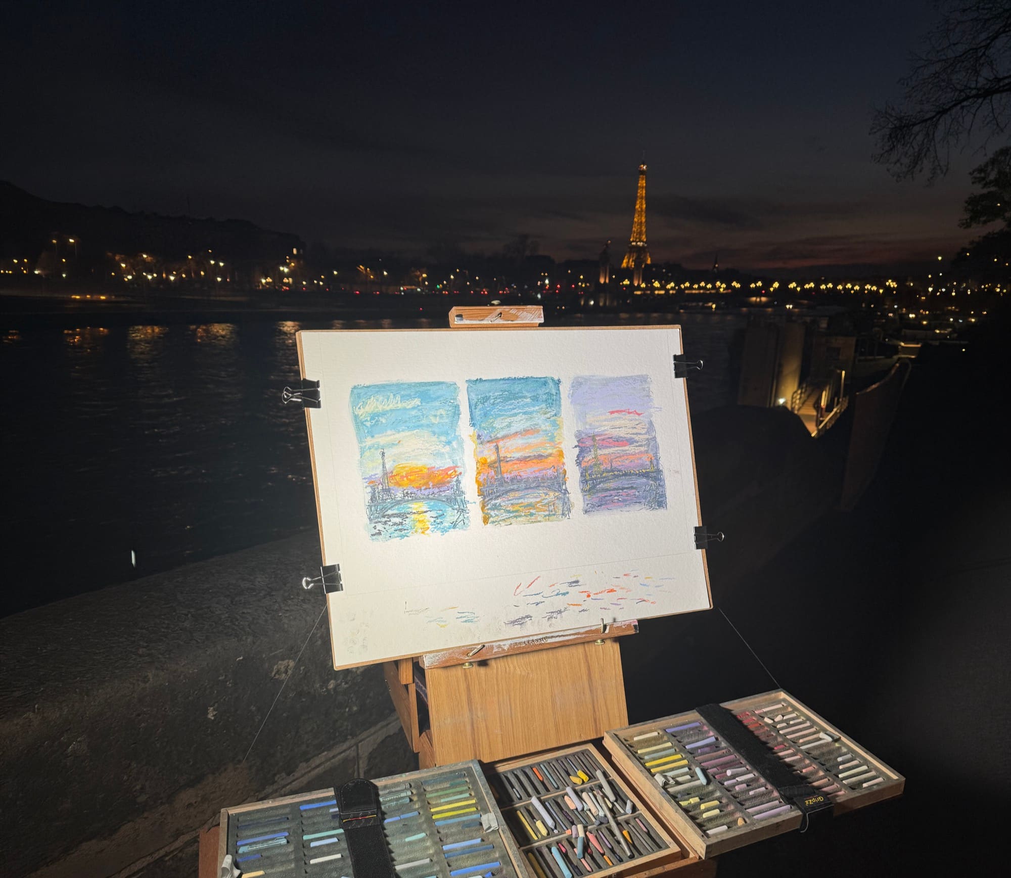 Peinture en plein air face à la Tour Eiffel, 1, 2, 3, Coucher de soleil